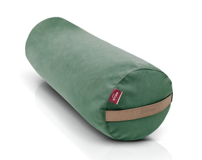  bolster wypełniony organiczną łuską gryki w zielonym welurowym  pokrowcu